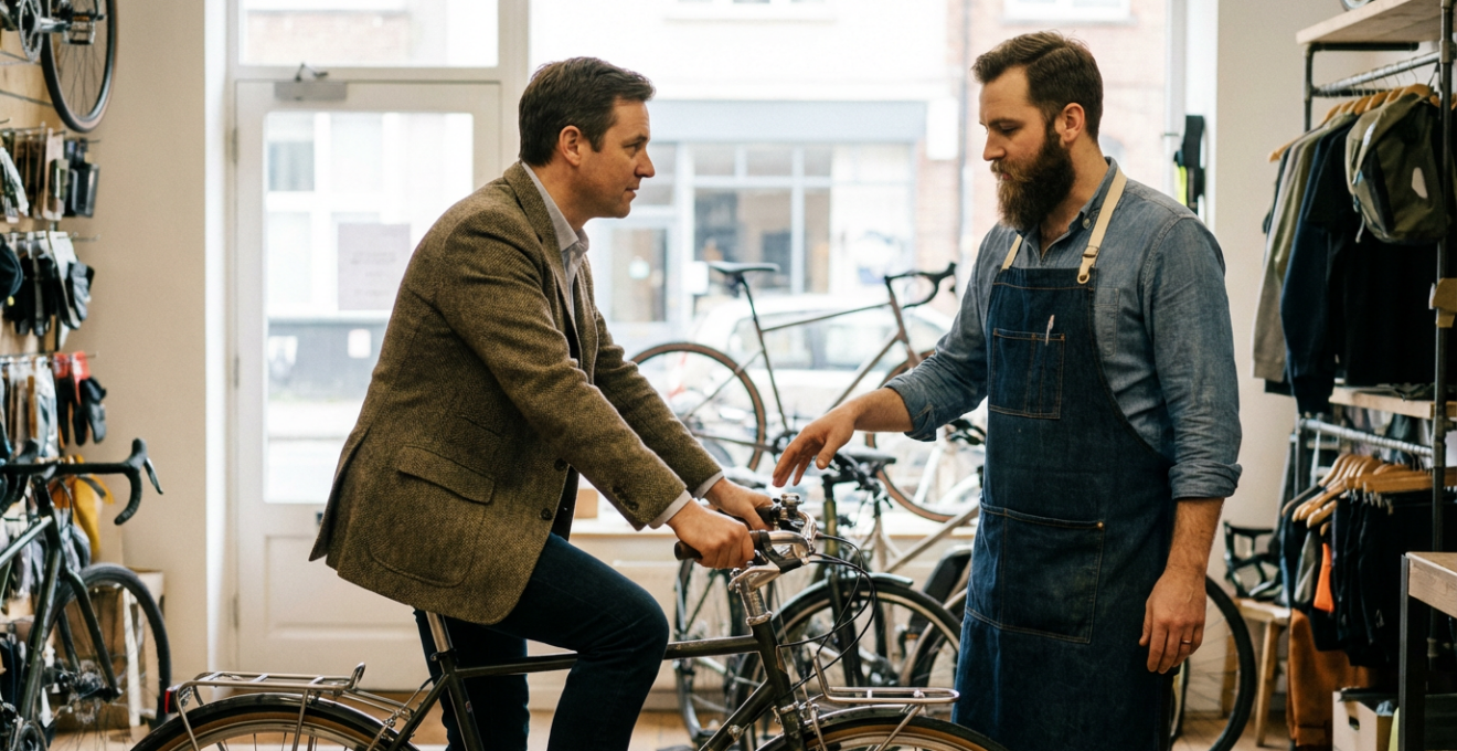 Client essayant un vélo en magasin avec conseils vendeur