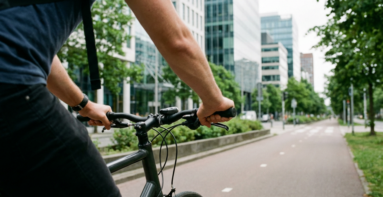 Cycliste pédalant sur piste cyclable urbaine pour choisir son vélo
