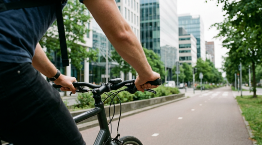 Cycliste pédalant sur piste cyclable urbaine pour choisir son vélo