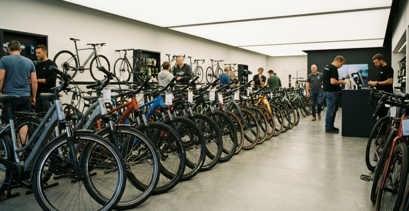 Différents types de vélos alignés en magasin pour comparaison