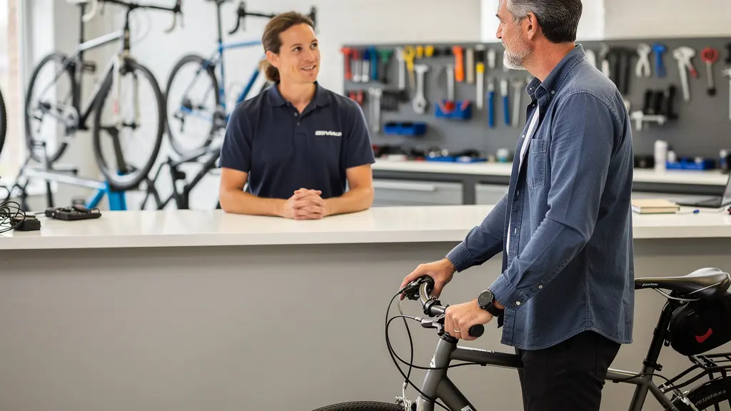 Cycliste récupérant son vélo révisé à l'accueil d'un atelier vélo parisien