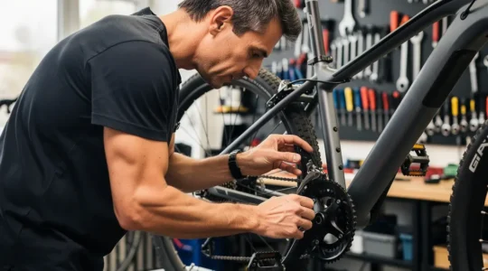 Technicien cycle inspectant la transmission d'un vélo électrique en atelier parisien