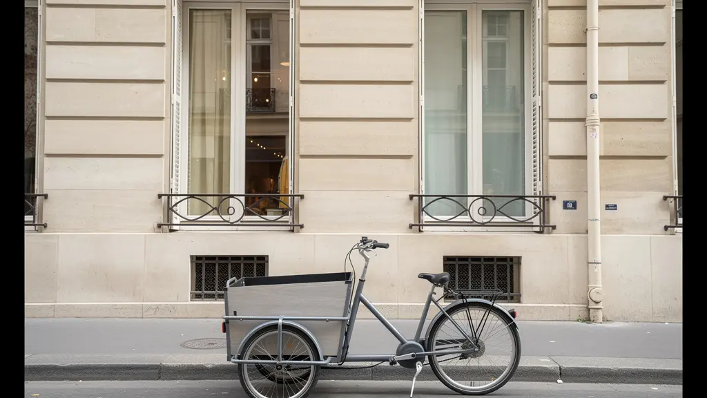 Vélo cargo familial stationné devant un atelier du 17ème arrondissement de Paris