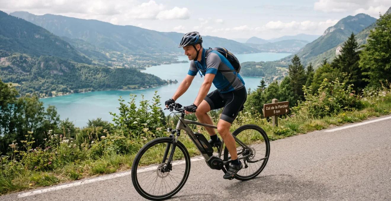 Cycliste adulte pédalant en montée sur vélo électrique sur la portion vallonnée rive Est du lac d'Annecy, avec vue panoramique sur le lac en contrebas