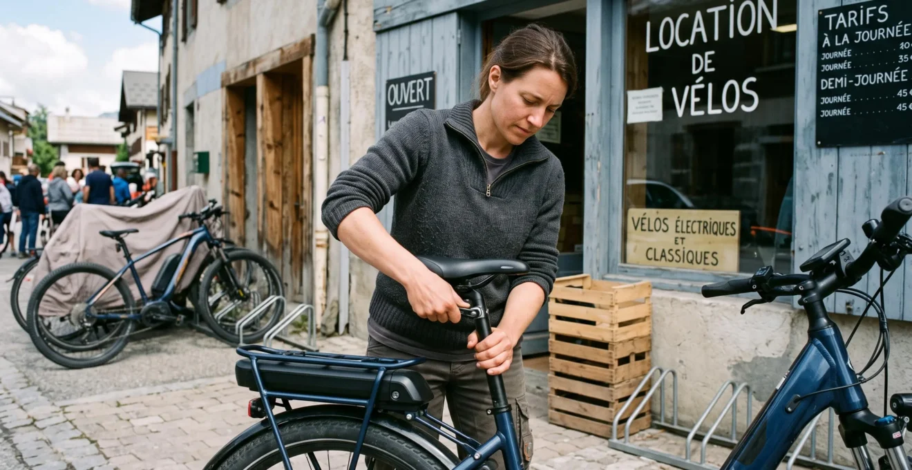 Technicienne loueur de vélos debout en train de régler la hauteur de selle d'un vélo électrique devant un point de location, autres vélos visibles en arrière-plan