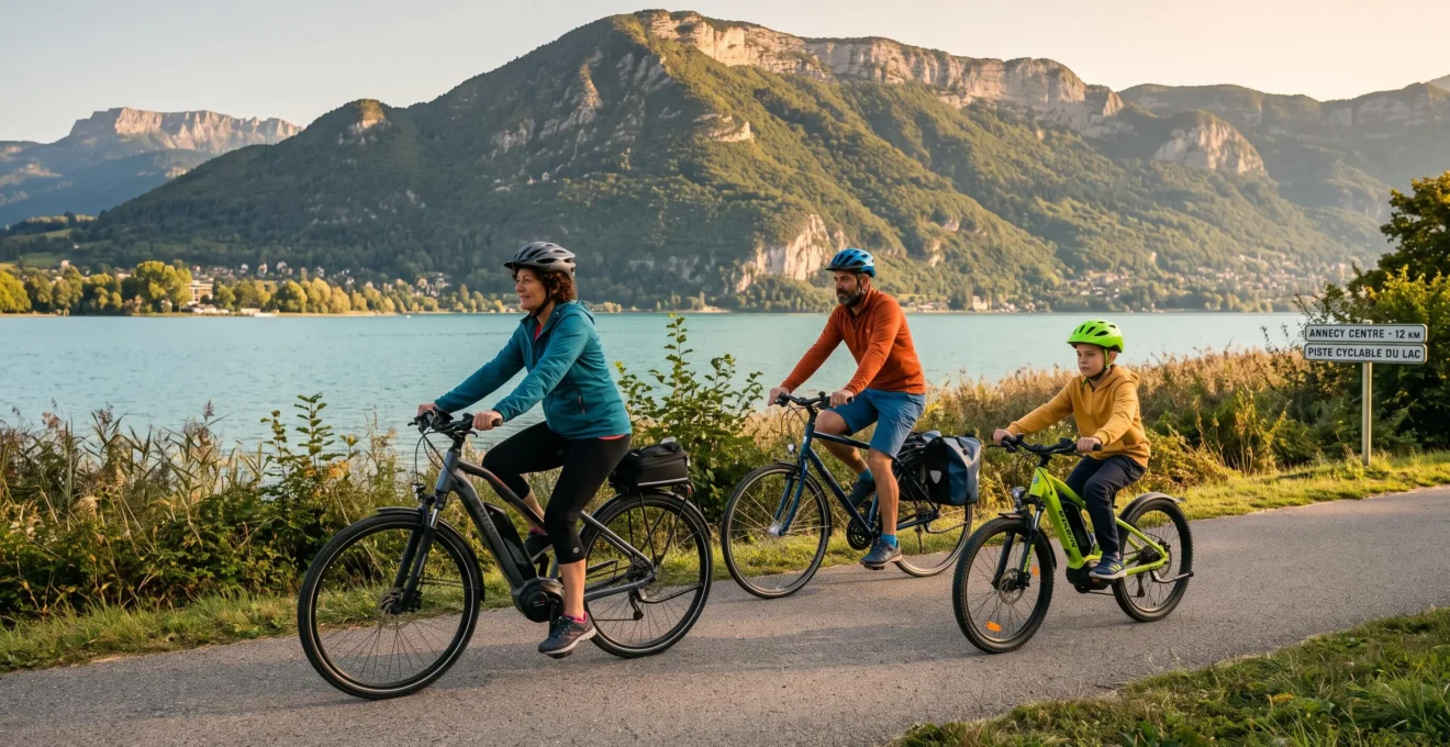 Trois cyclistes de profils variés pédalant sur la piste cyclable en site propre longeant le lac d'Annecy rive Sud, avec le lac turquoise et les montagnes alpines en arrière-plan sous lumière dorée matinale