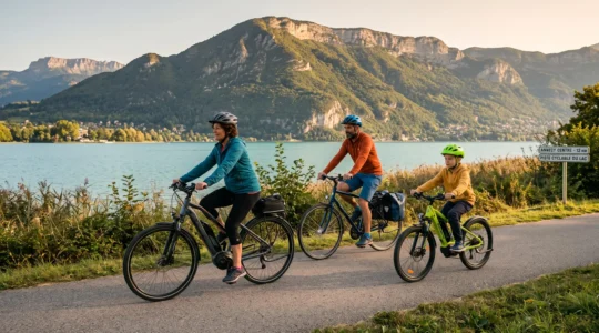 Trois cyclistes de profils variés pédalant sur la piste cyclable en site propre longeant le lac d'Annecy rive Sud, avec le lac turquoise et les montagnes alpines en arrière-plan sous lumière dorée matinale